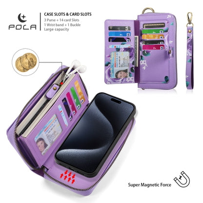 For iPhone 15 Pro POLA MagSafe Flower Multi-functional Zipper Wallet Leather Phone Case(Purple) - iPhone 15 Pro Cases by buy2fix | Online Shopping UK | buy2fix
