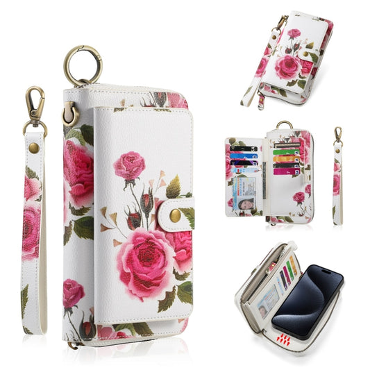 For iPhone 15 Pro POLA MagSafe Flower Multi-functional Zipper Wallet Leather Phone Case(Beige) - iPhone 15 Pro Cases by buy2fix | Online Shopping UK | buy2fix