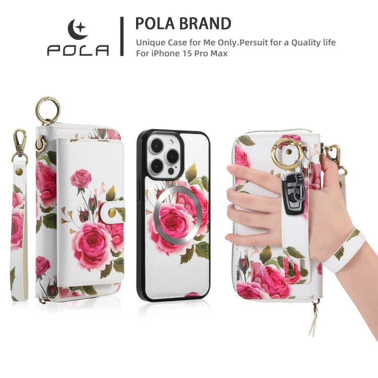 For iPhone 15 Pro POLA MagSafe Flower Multi-functional Zipper Wallet Leather Phone Case(Beige) - iPhone 15 Pro Cases by buy2fix | Online Shopping UK | buy2fix