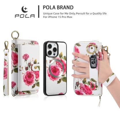 For iPhone 15 Pro POLA MagSafe Flower Multi-functional Zipper Wallet Leather Phone Case(Beige) - iPhone 15 Pro Cases by buy2fix | Online Shopping UK | buy2fix