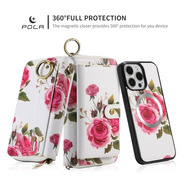 For iPhone 15 Pro POLA MagSafe Flower Multi-functional Zipper Wallet Leather Phone Case(Beige) - iPhone 15 Pro Cases by buy2fix | Online Shopping UK | buy2fix