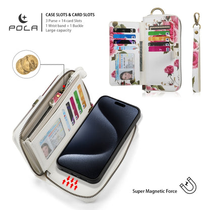 For iPhone 15 Pro POLA MagSafe Flower Multi-functional Zipper Wallet Leather Phone Case(Beige) - iPhone 15 Pro Cases by buy2fix | Online Shopping UK | buy2fix