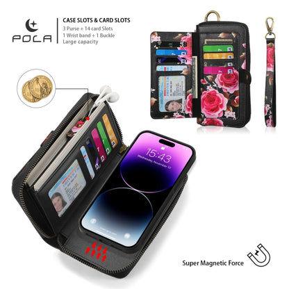 For iPhone 14 Plus POLA MagSafe Flower Multi-functional Zipper Wallet Leather Phone Case(Black) - iPhone 14 Plus Cases by buy2fix | Online Shopping UK | buy2fix