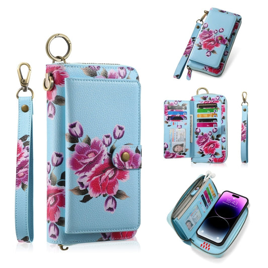 For iPhone 14 Plus POLA MagSafe Flower Multi-functional Zipper Wallet Leather Phone Case(Sky Blue) - iPhone 14 Plus Cases by buy2fix | Online Shopping UK | buy2fix