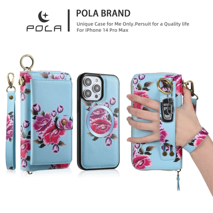 For iPhone 14 Plus POLA MagSafe Flower Multi-functional Zipper Wallet Leather Phone Case(Sky Blue) - iPhone 14 Plus Cases by buy2fix | Online Shopping UK | buy2fix
