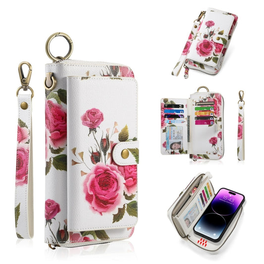 For iPhone 14 Plus POLA MagSafe Flower Multi-functional Zipper Wallet Leather Phone Case(Beige) - iPhone 14 Plus Cases by buy2fix | Online Shopping UK | buy2fix