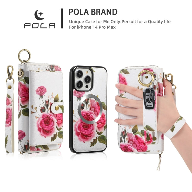 For iPhone 14 Plus POLA MagSafe Flower Multi-functional Zipper Wallet Leather Phone Case(Beige) - iPhone 14 Plus Cases by buy2fix | Online Shopping UK | buy2fix