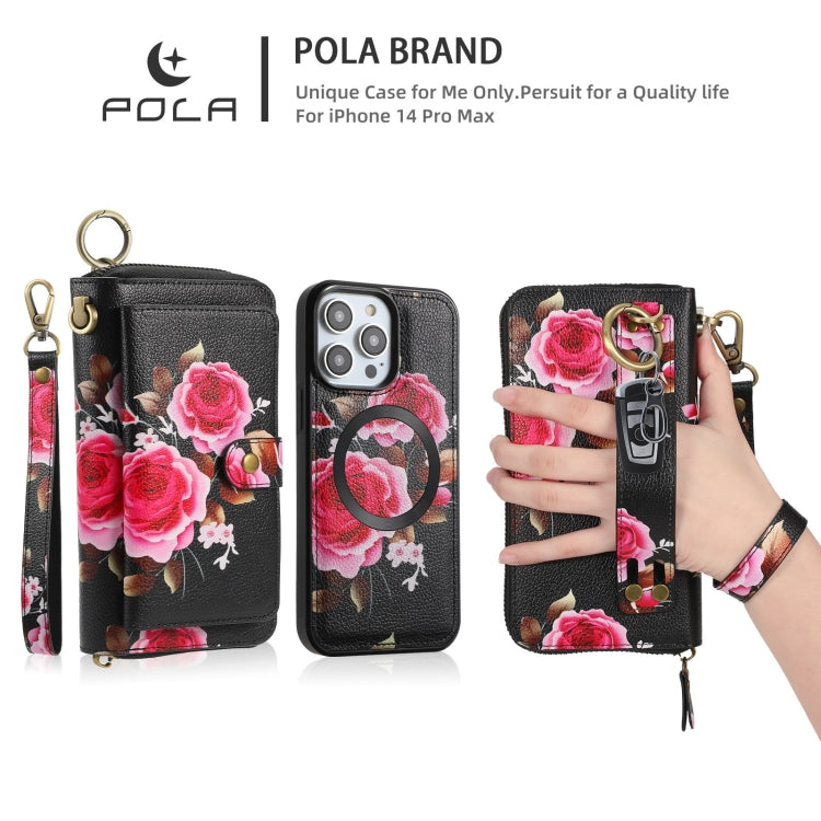 For iPhone 14 POLA MagSafe Flower Multi-functional Zipper Wallet Leather Phone Case(Black) by buy2fix