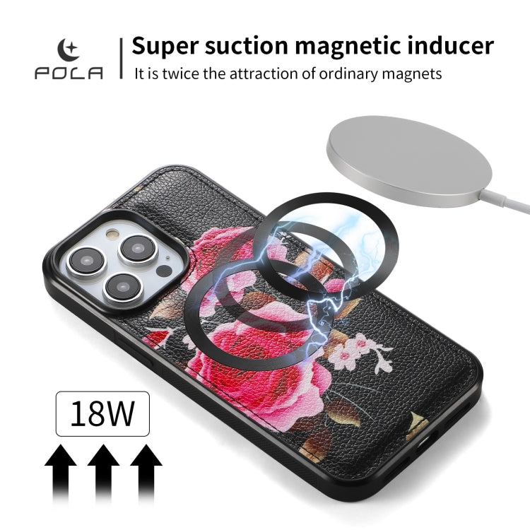 For iPhone 14 POLA MagSafe Flower Multi-functional Zipper Wallet Leather Phone Case(Black) by buy2fix