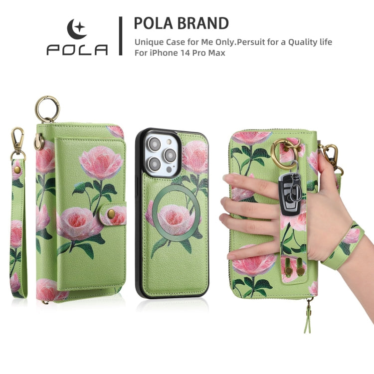 For iPhone 14 POLA MagSafe Flower Multi-functional Zipper Wallet Leather Phone Case(Green) - iPhone 14 Cases by buy2fix | Online Shopping UK | buy2fix