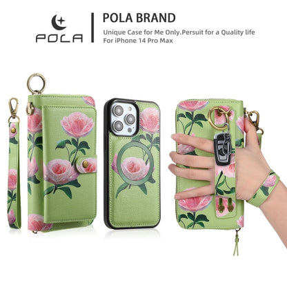 For iPhone 14 POLA MagSafe Flower Multi-functional Zipper Wallet Leather Phone Case(Green) - iPhone 14 Cases by buy2fix | Online Shopping UK | buy2fix