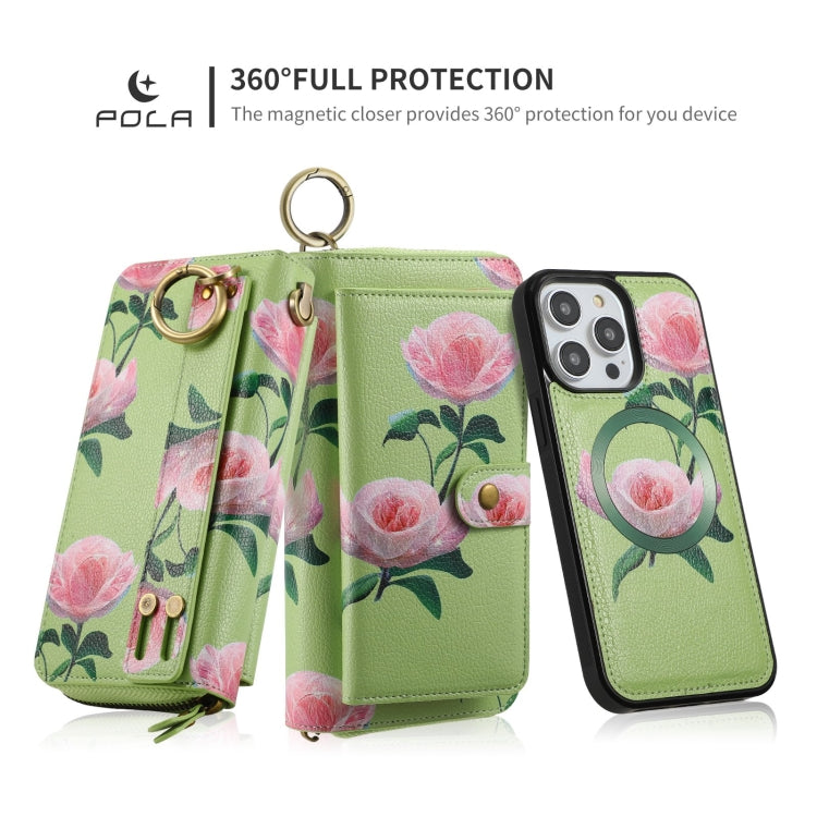 For iPhone 14 POLA MagSafe Flower Multi-functional Zipper Wallet Leather Phone Case(Green) - iPhone 14 Cases by buy2fix | Online Shopping UK | buy2fix