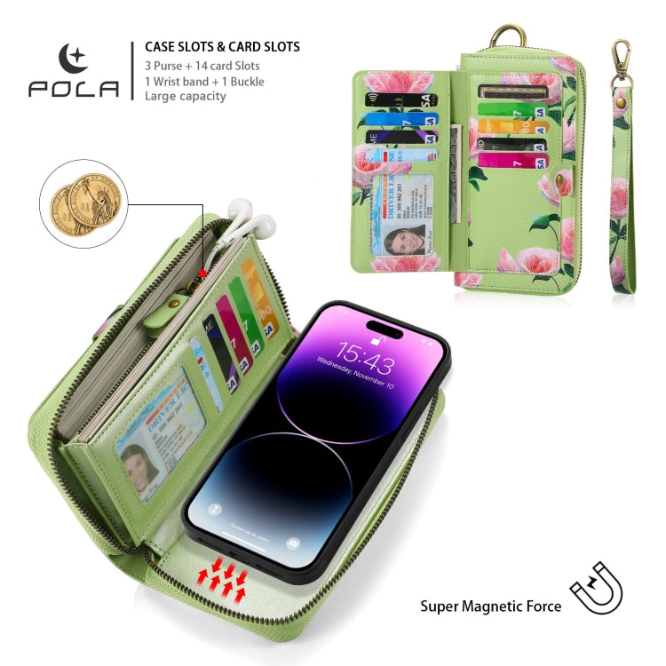 For iPhone 14 POLA MagSafe Flower Multi-functional Zipper Wallet Leather Phone Case(Green) - iPhone 14 Cases by buy2fix | Online Shopping UK | buy2fix