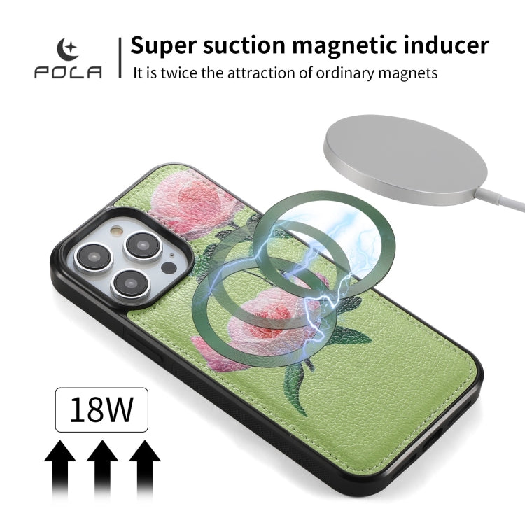 For iPhone 14 POLA MagSafe Flower Multi-functional Zipper Wallet Leather Phone Case(Green) - iPhone 14 Cases by buy2fix | Online Shopping UK | buy2fix