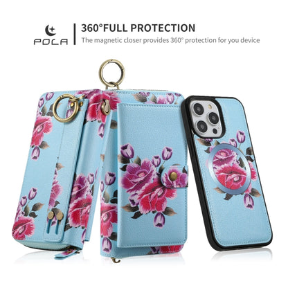 For iPhone 14 POLA MagSafe Flower Multi-functional Zipper Wallet Leather Phone Case(Sky Blue) - iPhone 14 Cases by buy2fix | Online Shopping UK | buy2fix