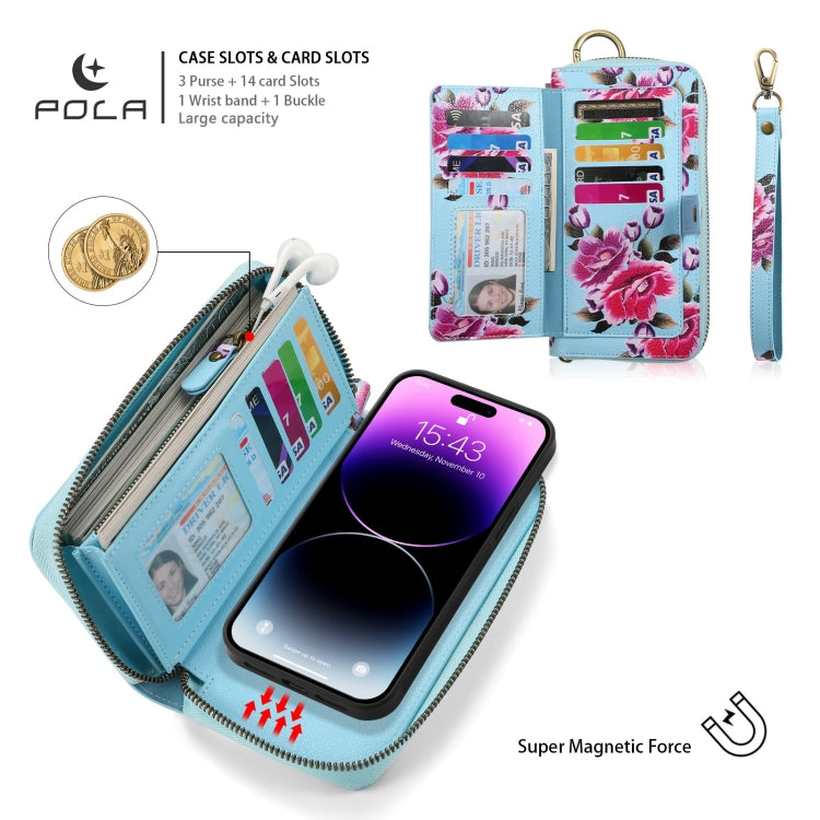 For iPhone 14 POLA MagSafe Flower Multi-functional Zipper Wallet Leather Phone Case(Sky Blue) - iPhone 14 Cases by buy2fix | Online Shopping UK | buy2fix