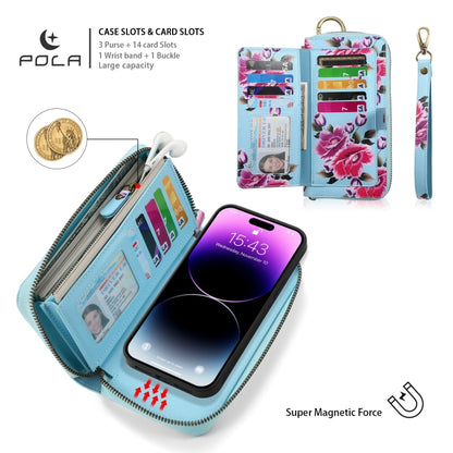 For iPhone 14 POLA MagSafe Flower Multi-functional Zipper Wallet Leather Phone Case(Sky Blue) - iPhone 14 Cases by buy2fix | Online Shopping UK | buy2fix