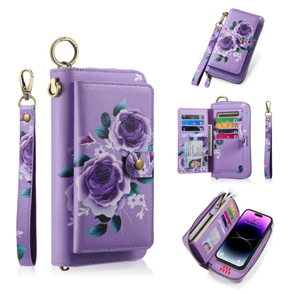 For iPhone 14 POLA MagSafe Flower Multi-functional Zipper Wallet Leather Phone Case(Purple) - iPhone 14 Cases by buy2fix | Online Shopping UK | buy2fix