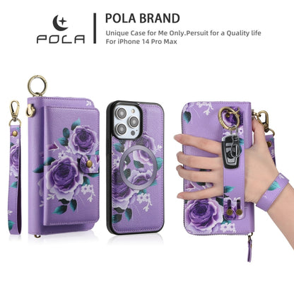 For iPhone 14 POLA MagSafe Flower Multi-functional Zipper Wallet Leather Phone Case(Purple) - iPhone 14 Cases by buy2fix | Online Shopping UK | buy2fix