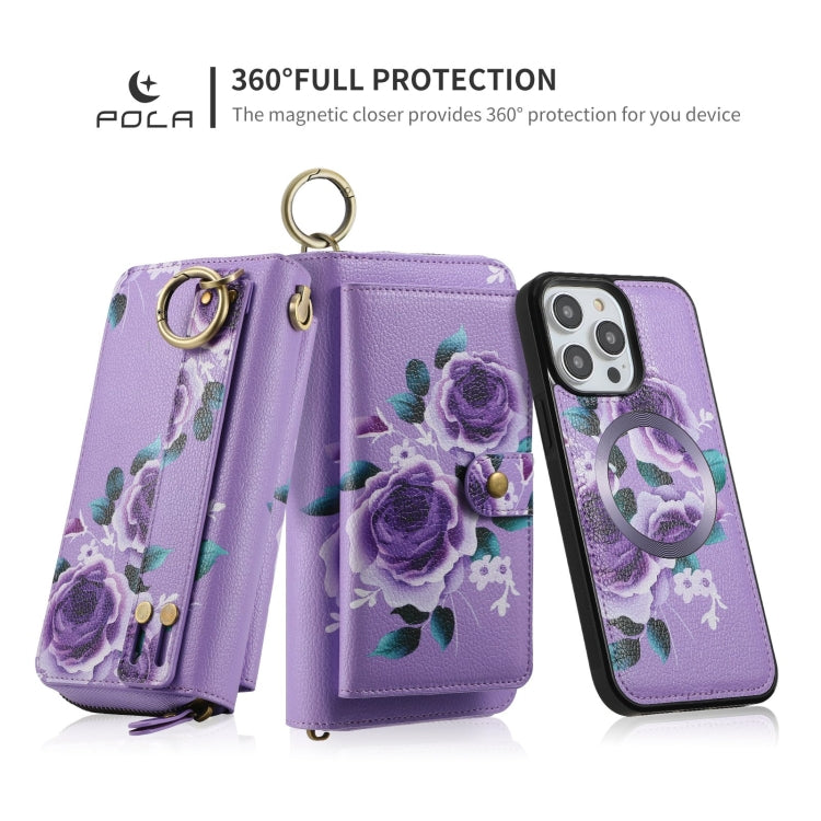 For iPhone 14 POLA MagSafe Flower Multi-functional Zipper Wallet Leather Phone Case(Purple) - iPhone 14 Cases by buy2fix | Online Shopping UK | buy2fix