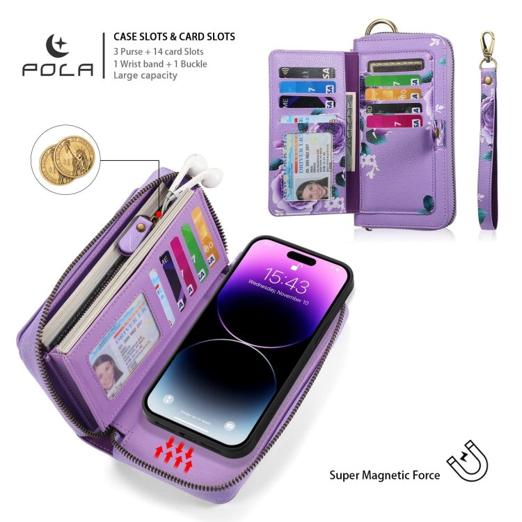 For iPhone 14 POLA MagSafe Flower Multi-functional Zipper Wallet Leather Phone Case(Purple) - iPhone 14 Cases by buy2fix | Online Shopping UK | buy2fix