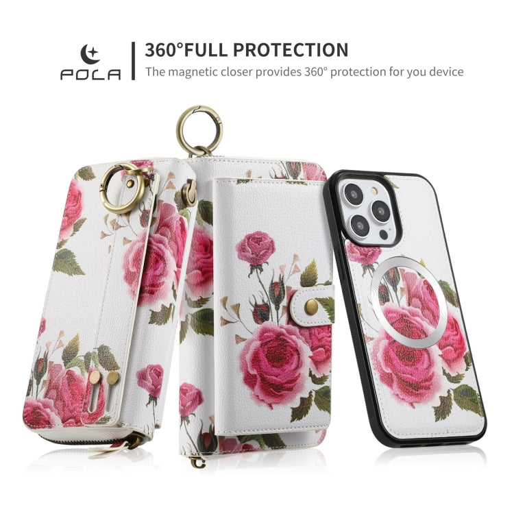 For iPhone 14 POLA MagSafe Flower Multi-functional Zipper Wallet Leather Phone Case(Beige) - iPhone 14 Cases by buy2fix | Online Shopping UK | buy2fix