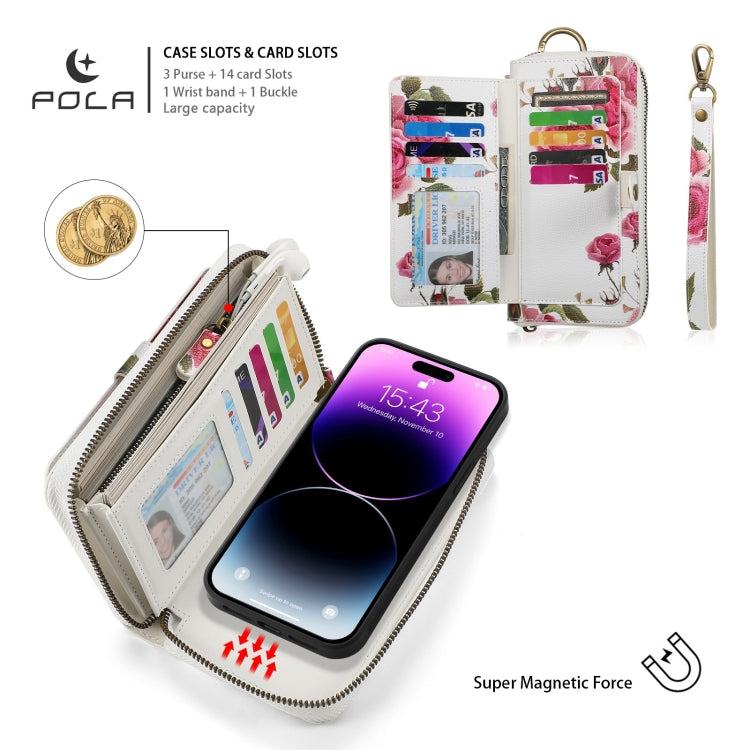 For iPhone 14 POLA MagSafe Flower Multi-functional Zipper Wallet Leather Phone Case(Beige) - iPhone 14 Cases by buy2fix | Online Shopping UK | buy2fix