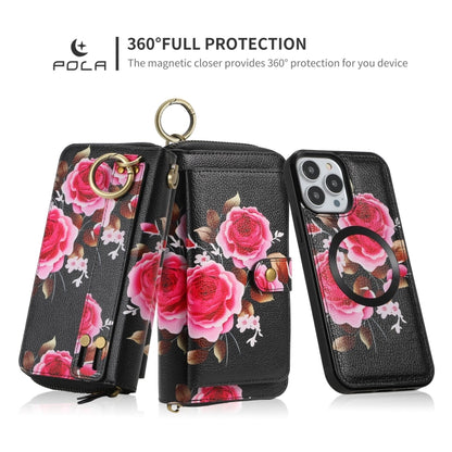 For iPhone 13 Pro Max POLA MagSafe Flower Multi-functional Zipper Wallet Leather Phone Case(Black) - iPhone 13 Pro Max Cases by buy2fix | Online Shopping UK | buy2fix