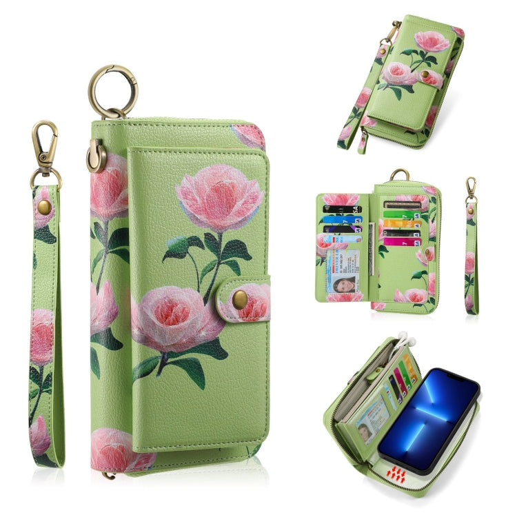 For iPhone 13 Pro Max POLA MagSafe Flower Multi-functional Zipper Wallet Leather Phone Case(Green) - iPhone 13 Pro Max Cases by buy2fix | Online Shopping UK | buy2fix