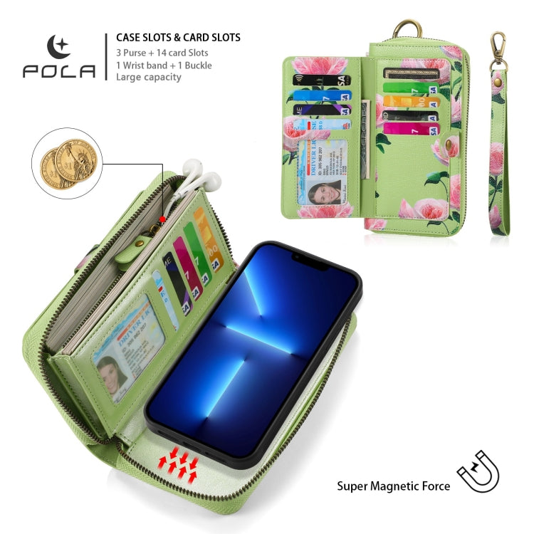 For iPhone 13 Pro Max POLA MagSafe Flower Multi-functional Zipper Wallet Leather Phone Case(Green) - iPhone 13 Pro Max Cases by buy2fix | Online Shopping UK | buy2fix
