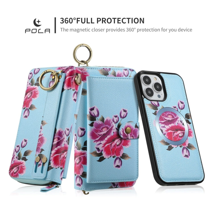 For iPhone 13 Pro Max POLA MagSafe Flower Multi-functional Zipper Wallet Leather Phone Case(Sky Blue) - iPhone 13 Pro Max Cases by buy2fix | Online Shopping UK | buy2fix