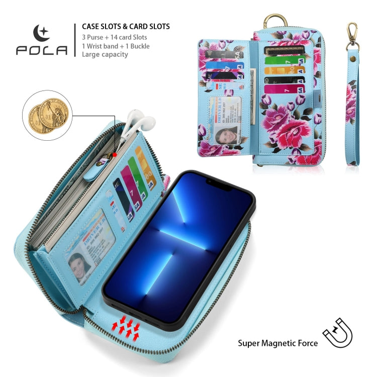 For iPhone 13 Pro Max POLA MagSafe Flower Multi-functional Zipper Wallet Leather Phone Case(Sky Blue) - iPhone 13 Pro Max Cases by buy2fix | Online Shopping UK | buy2fix