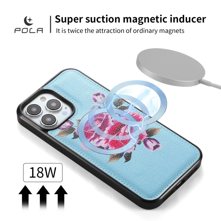 For iPhone 13 Pro Max POLA MagSafe Flower Multi-functional Zipper Wallet Leather Phone Case(Sky Blue) - iPhone 13 Pro Max Cases by buy2fix | Online Shopping UK | buy2fix