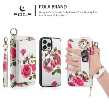 For iPhone 13 Pro Max POLA MagSafe Flower Multi-functional Zipper Wallet Leather Phone Case(Beige) - iPhone 13 Pro Max Cases by buy2fix | Online Shopping UK | buy2fix