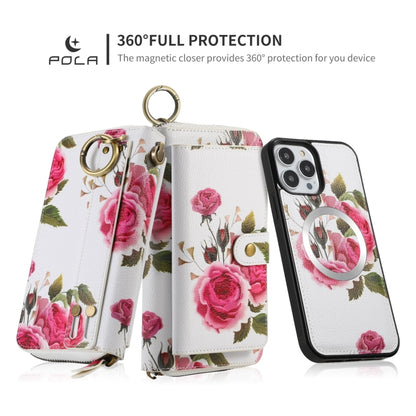 For iPhone 13 Pro Max POLA MagSafe Flower Multi-functional Zipper Wallet Leather Phone Case(Beige) - iPhone 13 Pro Max Cases by buy2fix | Online Shopping UK | buy2fix