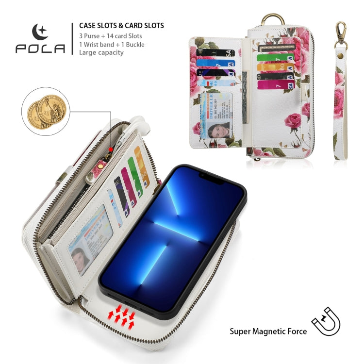 For iPhone 13 Pro Max POLA MagSafe Flower Multi-functional Zipper Wallet Leather Phone Case(Beige) - iPhone 13 Pro Max Cases by buy2fix | Online Shopping UK | buy2fix