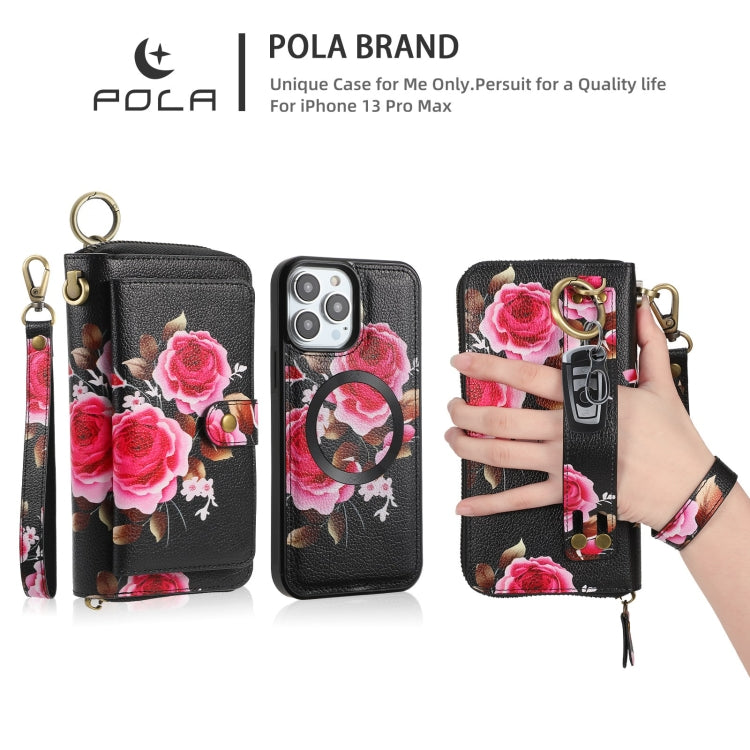 For iPhone 13 Pro POLA MagSafe Flower Multi-functional Zipper Wallet Leather Phone Case(Black) - iPhone 13 Pro Cases by buy2fix | Online Shopping UK | buy2fix