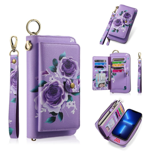 For iPhone 13 Pro POLA MagSafe Flower Multi-functional Zipper Wallet Leather Phone Case(Purple) - iPhone 13 Pro Cases by buy2fix | Online Shopping UK | buy2fix