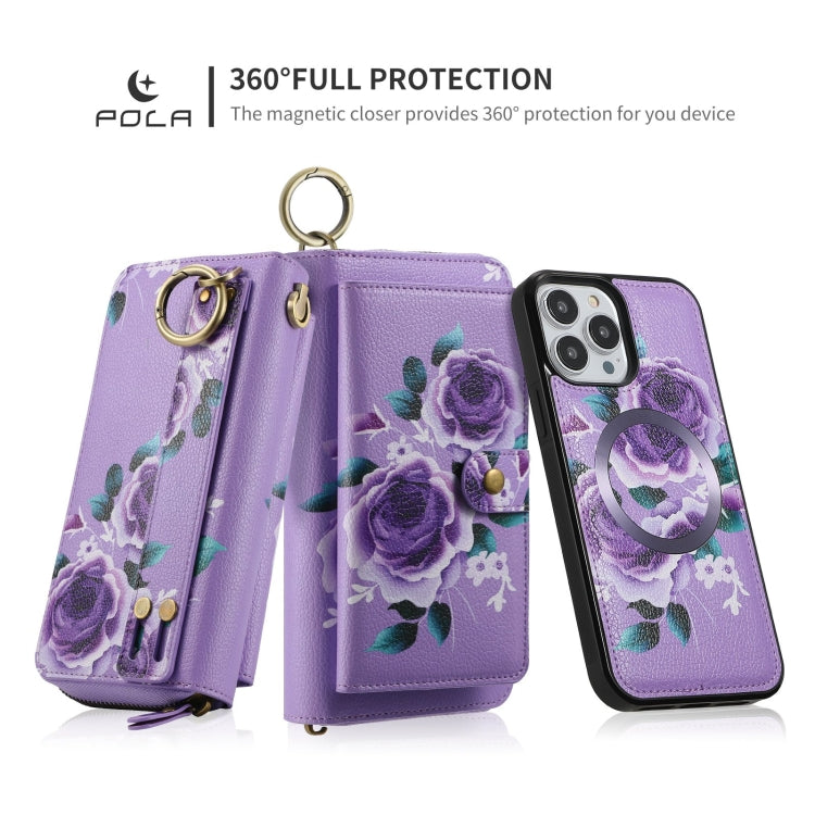 For iPhone 13 Pro POLA MagSafe Flower Multi-functional Zipper Wallet Leather Phone Case(Purple) - iPhone 13 Pro Cases by buy2fix | Online Shopping UK | buy2fix