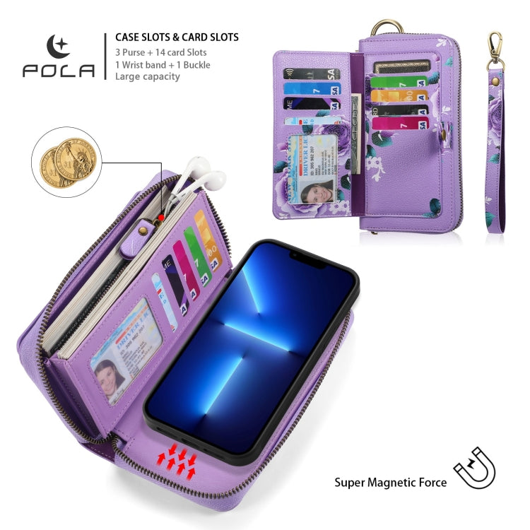 For iPhone 13 Pro POLA MagSafe Flower Multi-functional Zipper Wallet Leather Phone Case(Purple) - iPhone 13 Pro Cases by buy2fix | Online Shopping UK | buy2fix
