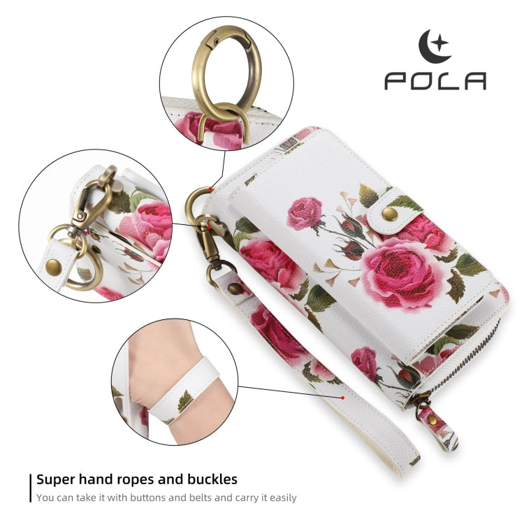 For iPhone 13 Pro POLA MagSafe Flower Multi-functional Zipper Wallet Leather Phone Case(Beige) - iPhone 13 Pro Cases by buy2fix | Online Shopping UK | buy2fix