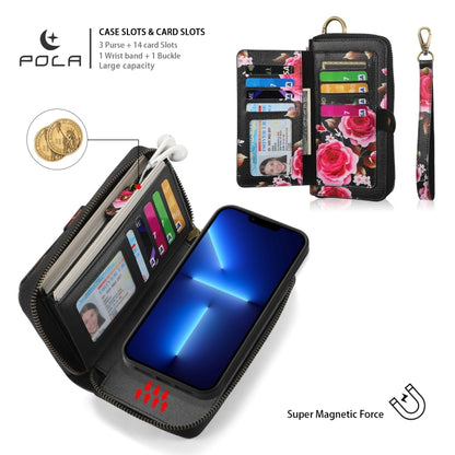 For iPhone 13 POLA MagSafe Flower Multi-functional Zipper Wallet Leather Phone Case(Black) - iPhone 13 Cases by buy2fix | Online Shopping UK | buy2fix