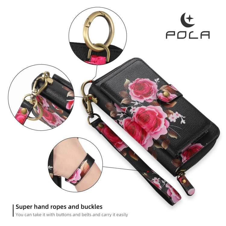 For iPhone 13 POLA MagSafe Flower Multi-functional Zipper Wallet Leather Phone Case(Black) - iPhone 13 Cases by buy2fix | Online Shopping UK | buy2fix