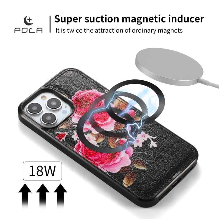 For iPhone 13 POLA MagSafe Flower Multi-functional Zipper Wallet Leather Phone Case(Black) - iPhone 13 Cases by buy2fix | Online Shopping UK | buy2fix