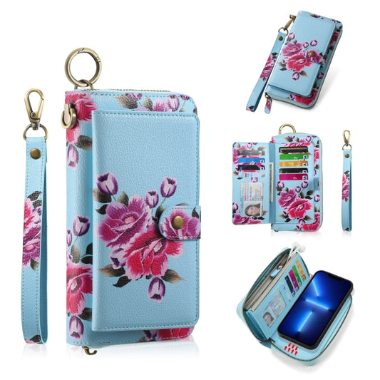 For iPhone 13 POLA MagSafe Flower Multi-functional Zipper Wallet Leather Phone Case(Sky Blue) - iPhone 13 Cases by buy2fix | Online Shopping UK | buy2fix