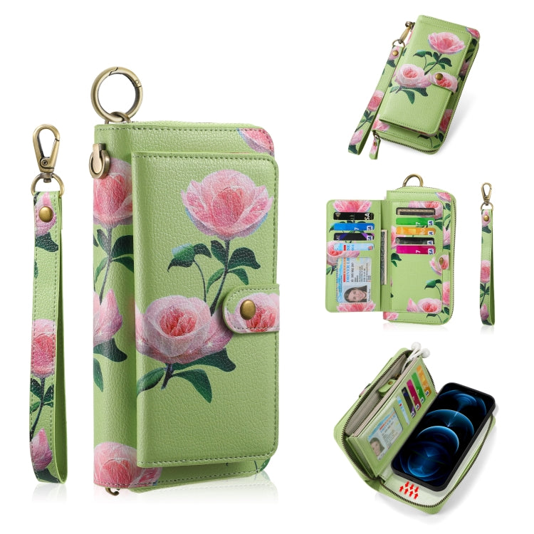 For iPhone 12 / 12 Pro POLA MagSafe Flower Multi-functional Zipper Wallet Leather Phone Case(Green) - iPhone 12 / 12 Pro Cases by buy2fix | Online Shopping UK | buy2fix