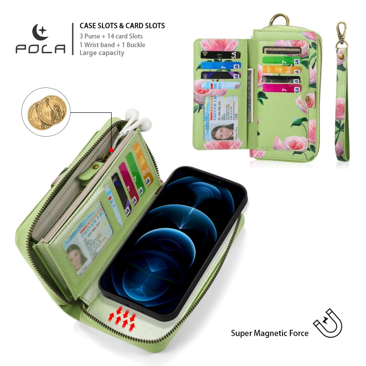 For iPhone 12 / 12 Pro POLA MagSafe Flower Multi-functional Zipper Wallet Leather Phone Case(Green) - iPhone 12 / 12 Pro Cases by buy2fix | Online Shopping UK | buy2fix