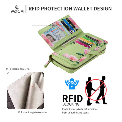 For iPhone 12 / 12 Pro POLA MagSafe Flower Multi-functional Zipper Wallet Leather Phone Case(Green) - iPhone 12 / 12 Pro Cases by buy2fix | Online Shopping UK | buy2fix