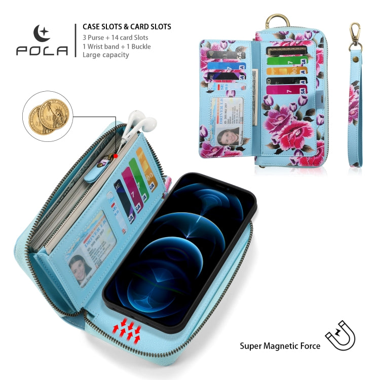 For iPhone 12 / 12 Pro POLA MagSafe Flower Multi-functional Zipper Wallet Leather Phone Case(Sky Blue) - iPhone 12 / 12 Pro Cases by buy2fix | Online Shopping UK | buy2fix