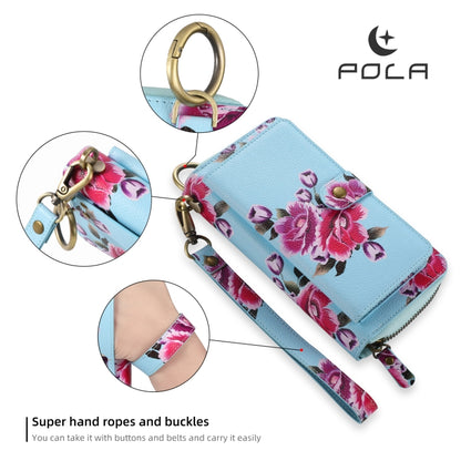 For iPhone 12 / 12 Pro POLA MagSafe Flower Multi-functional Zipper Wallet Leather Phone Case(Sky Blue) - iPhone 12 / 12 Pro Cases by buy2fix | Online Shopping UK | buy2fix